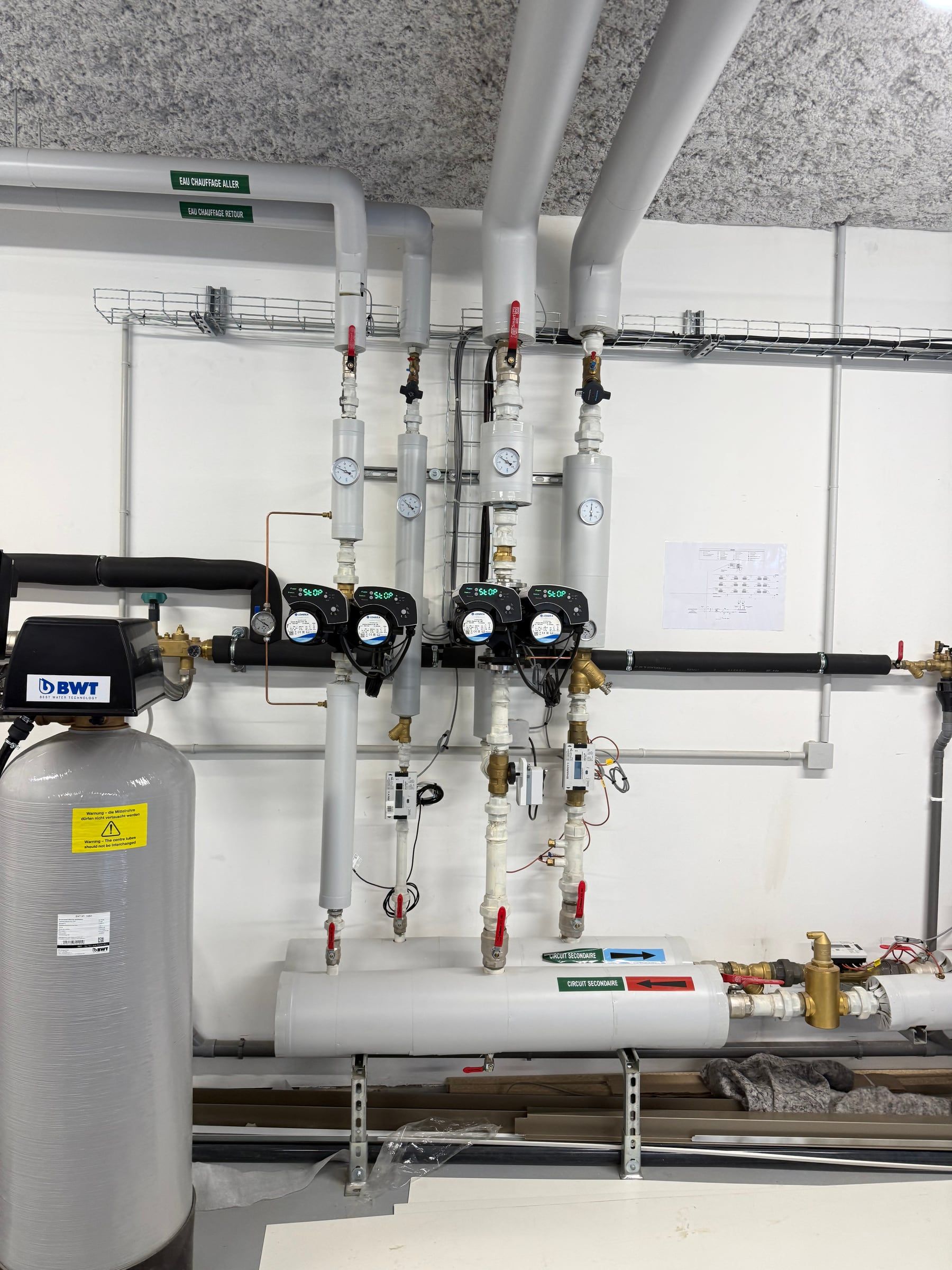 Collecteur de chauffage avec circulateurs électroniques, vannes et thermomètres sur un mur de chaufferie
